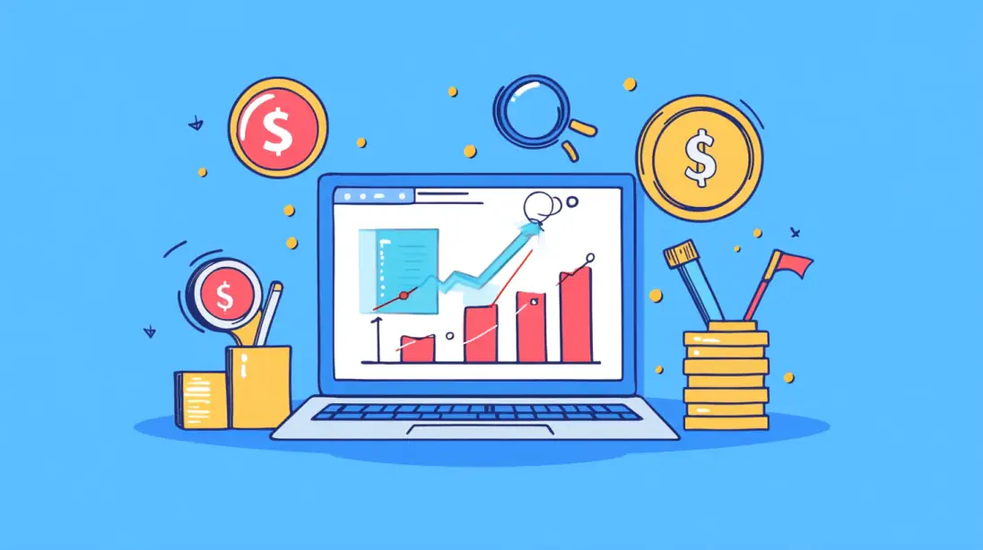 laptop showing graphs and surrounded by financial symbols