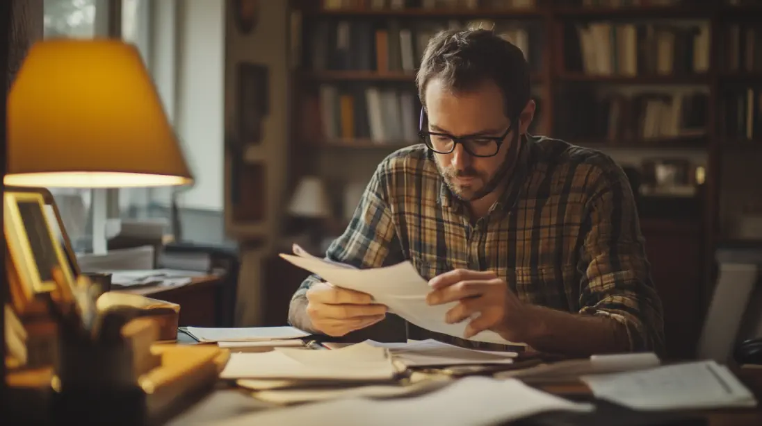 serious man looking through financial papers at his desk