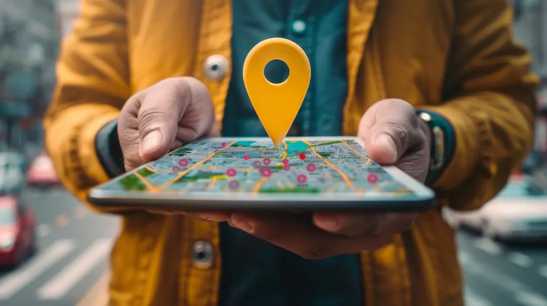 hands holding a tablet with a map and 3-D pin marking a business