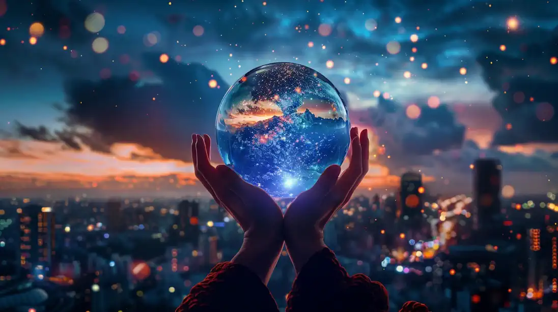 hands holding a crystal ball in front of a night sky